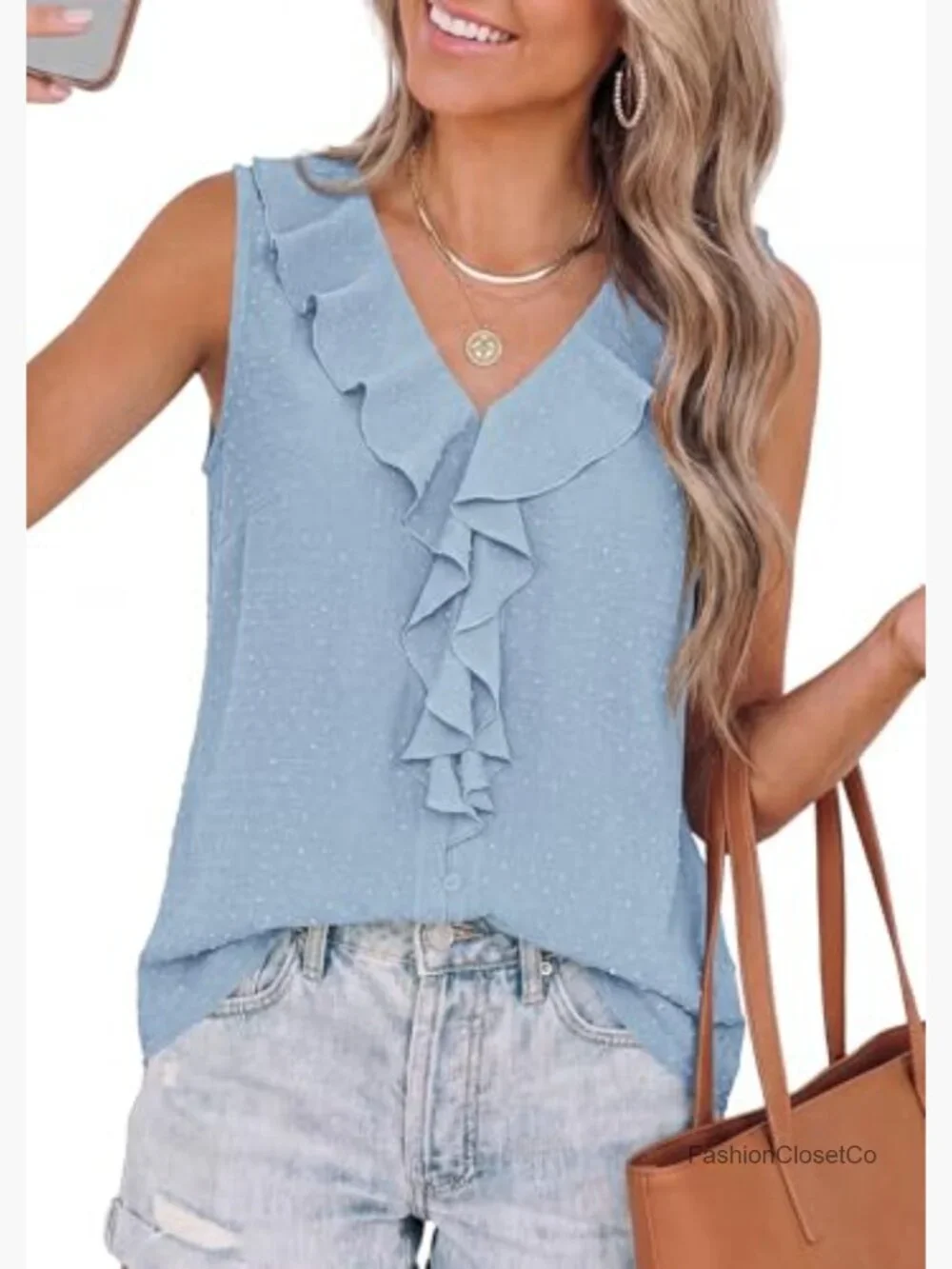 Ruffle Swiss Dot V-Neck Sleeveless Button Down Tank Top Blouse - Picture 3 of 7